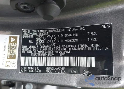 2017 Toyota Highlander Le from USA, damaged, VIN 5TDBZRFH7HS435574